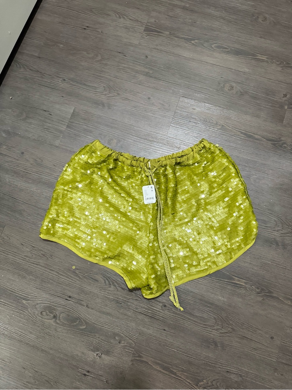 Free People Sequin Drawstring Shorts in Chartreuse